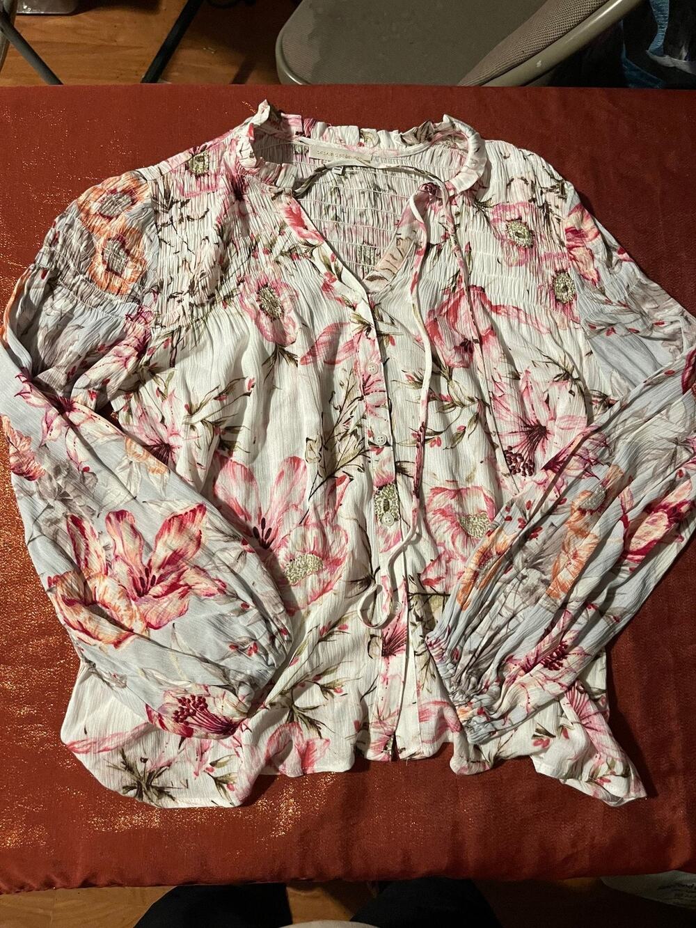 pookie sebastien Blouse Womens S Floral Smocked Peasant Long Sleeve Top